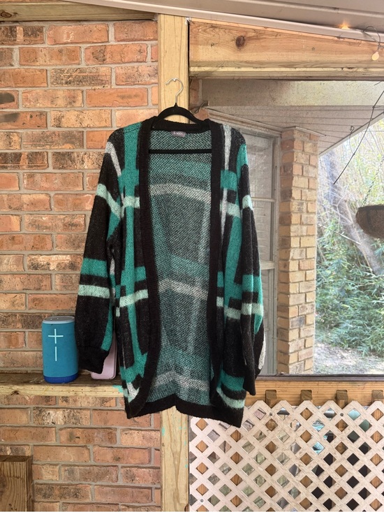 SAMOON Sweaters - SAMOON Black & Teal Open-Front Plaid Cardigan